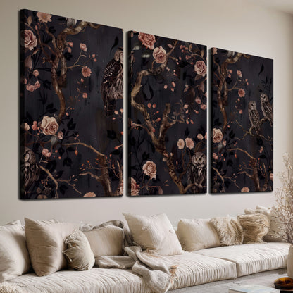 Owls among curling branches and dusty pink flowers on dark gray 3 piece canvas wall art room and product view