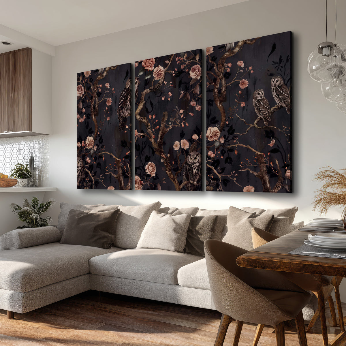 Owls among curling branches and dusty pink flowers on dark gray 3 piece canvas wall art room and product view
