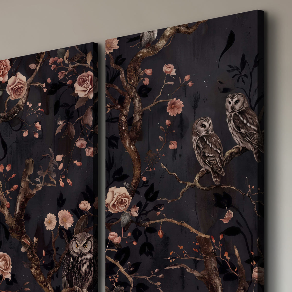 Owls among curling branches and dusty pink flowers on dark gray 3 piece canvas wall art room and product view