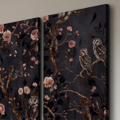 Owls among curling branches and dusty pink flowers on dark gray 3 piece canvas wall art room and product view