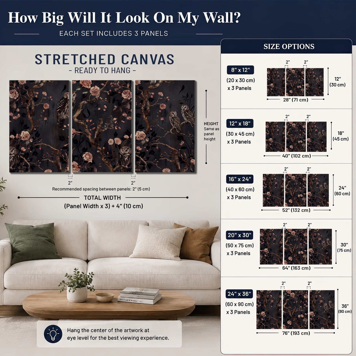 Owls among curling branches and dusty pink flowers on dark gray 3 piece canvas wall art size guide above a sofa; room view is illustrative
