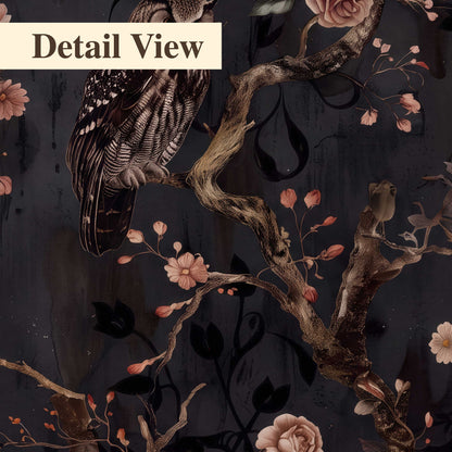 Owls among curling branches and dusty pink flowers on dark gray 3 piece canvas wall art artwork detail close up