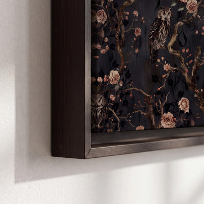 Owls among curling branches and dusty pink flowers on dark gray 3 piece framed canvas wall art material and edge close up