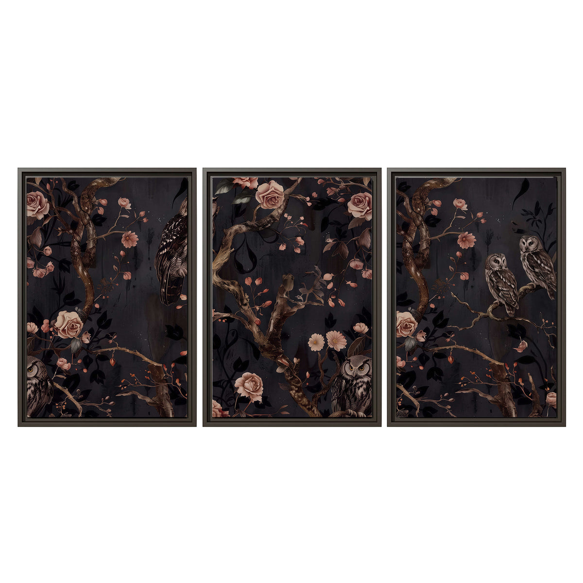 Owls among curling branches and dusty pink flowers on dark gray 3 piece framed canvas wall art viewed straight on