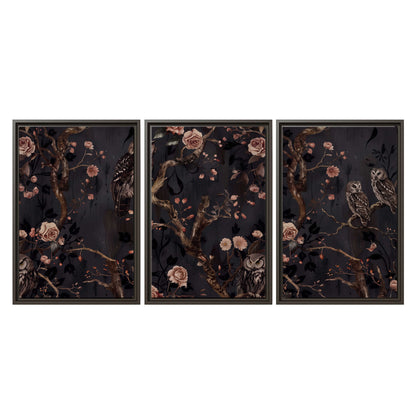 Owls among curling branches and dusty pink flowers on dark gray 3 piece framed canvas wall art viewed straight on