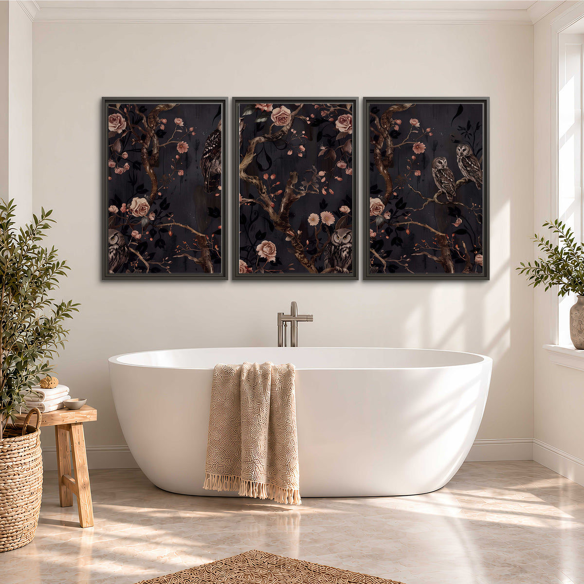 Owls among curling branches and dusty pink flowers on dark gray 3 piece framed canvas wall art styled in an interior