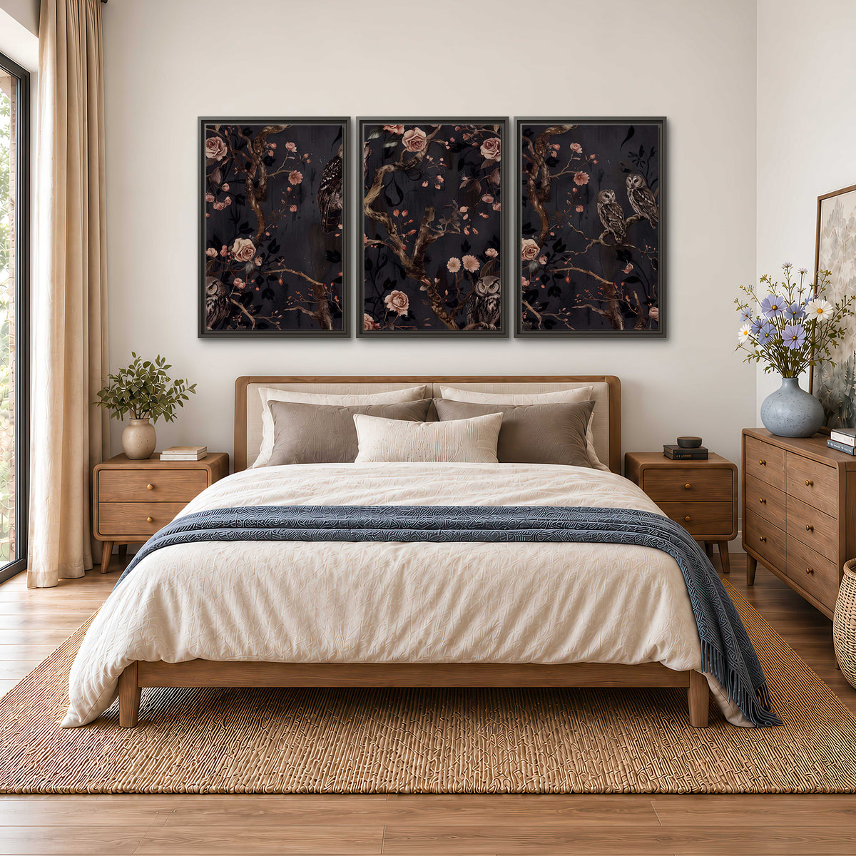 Owls among curling branches and dusty pink flowers on dark gray 3 piece framed canvas wall art styled in an interior