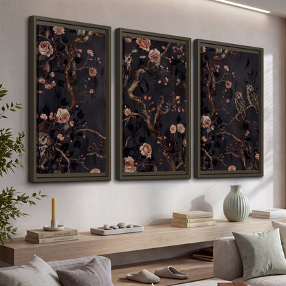 Owls among curling branches and dusty pink flowers on dark gray 3 piece framed canvas wall art displayed in a console