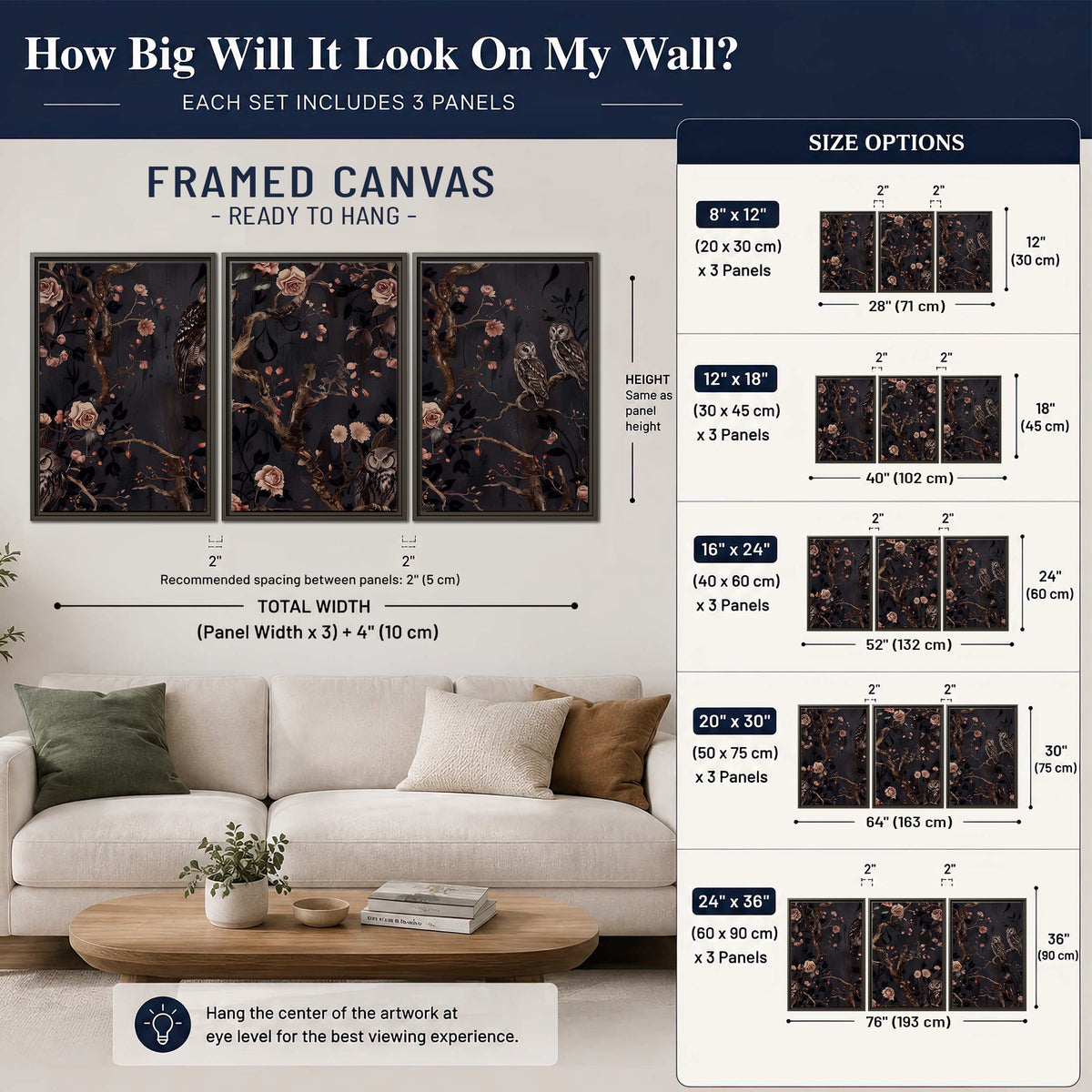 Owls among curling branches and dusty pink flowers on dark gray 3 piece framed canvas wall art size guide above a sofa; room view is illustrative