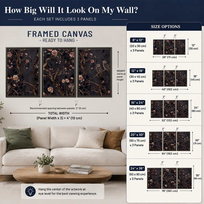 Owls among curling branches and dusty pink flowers on dark gray 3 piece framed canvas wall art size guide above a sofa; room view is illustrative