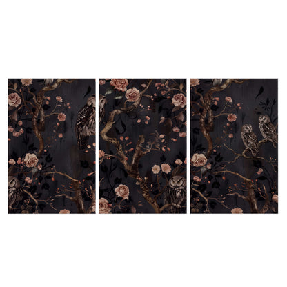 Owls among curling branches and dusty pink flowers on dark gray set of 3 poster prints viewed straight on
