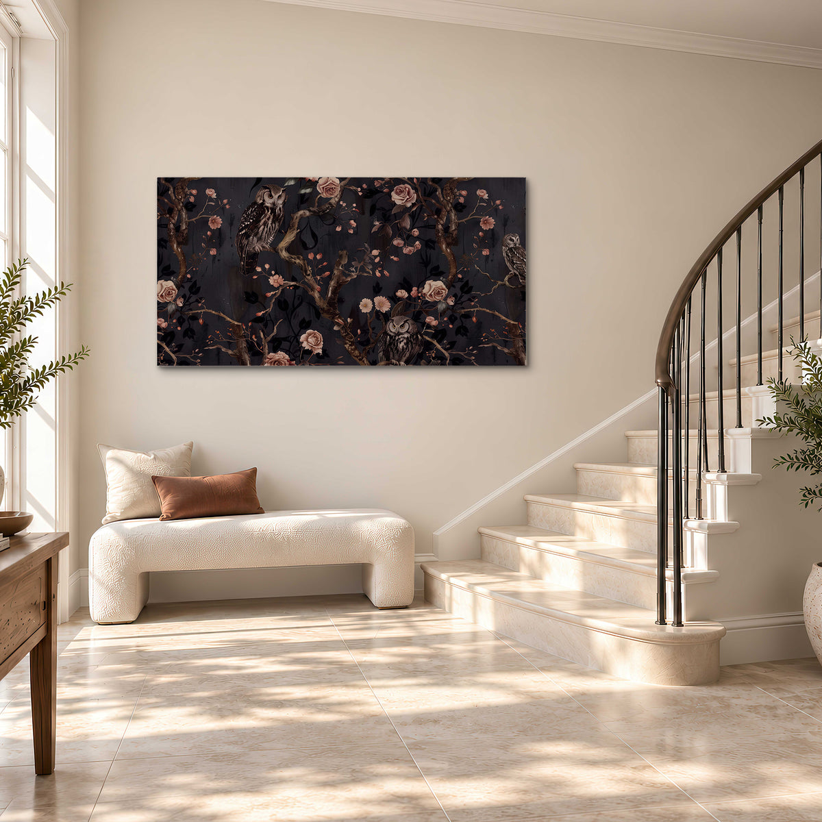 Owls among curling branches and dusty pink flowers on dark gray single canvas wall art styled in an interior
