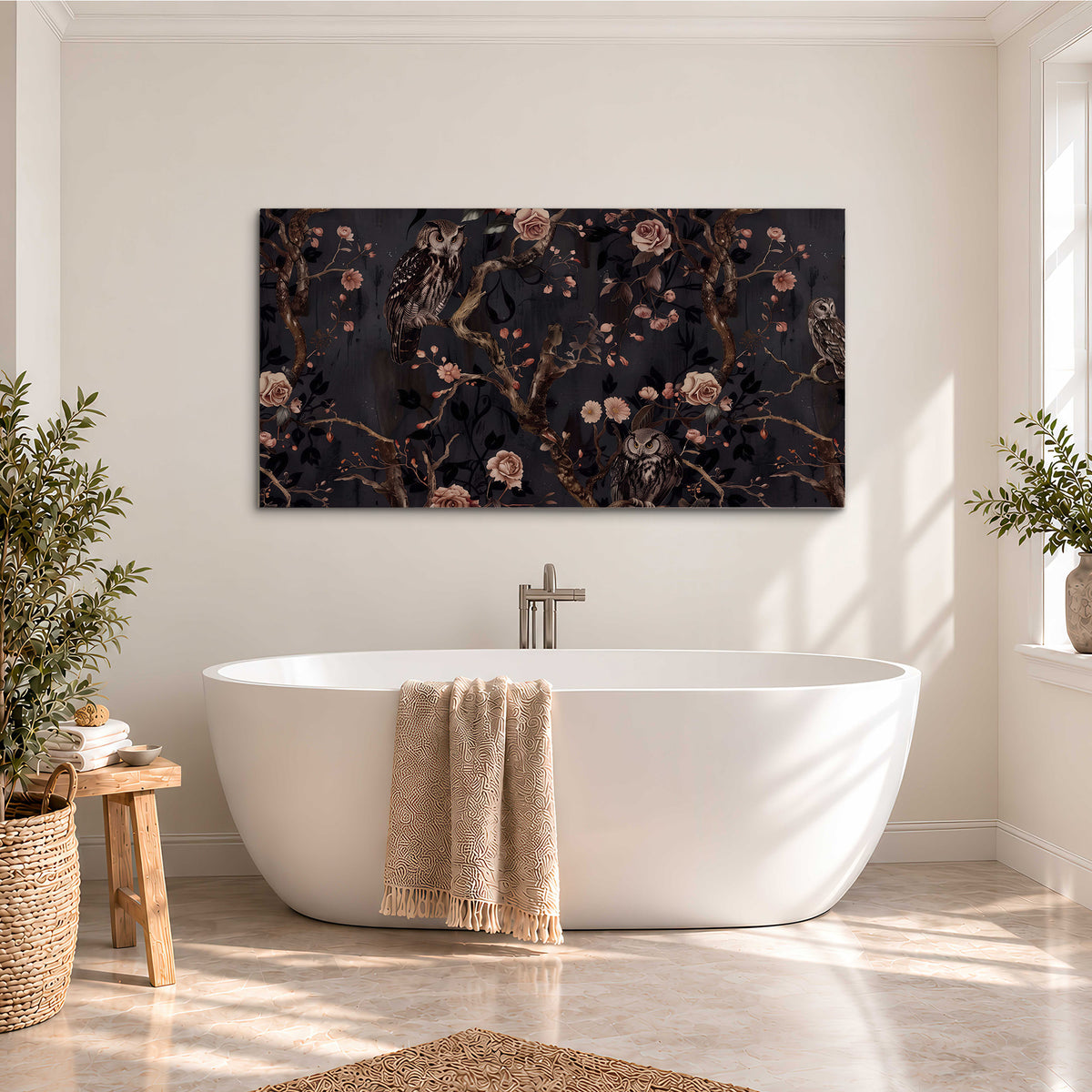 Owls among curling branches and dusty pink flowers on dark gray single canvas wall art styled in an interior