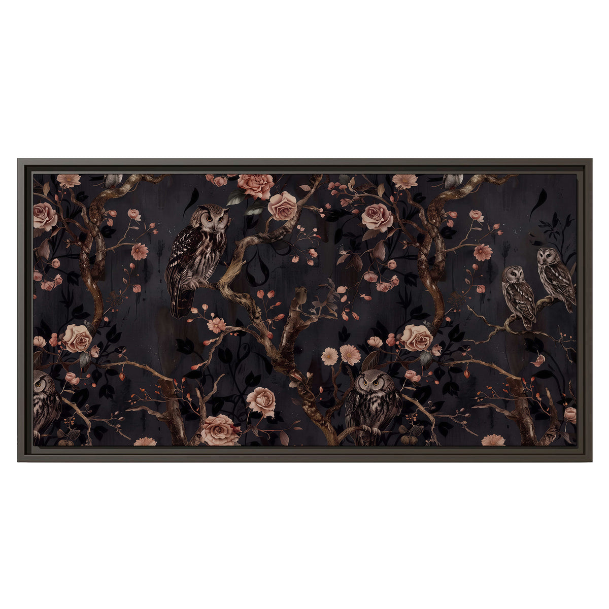 Owls among curling branches and dusty pink flowers on dark gray single framed canvas wall art viewed straight on