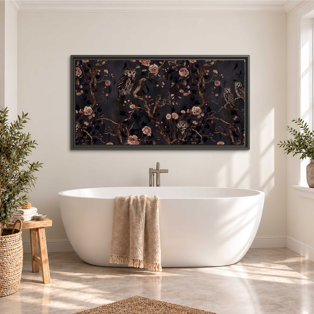 Owls among curling branches and dusty pink flowers on dark gray single framed canvas wall art styled in an interior