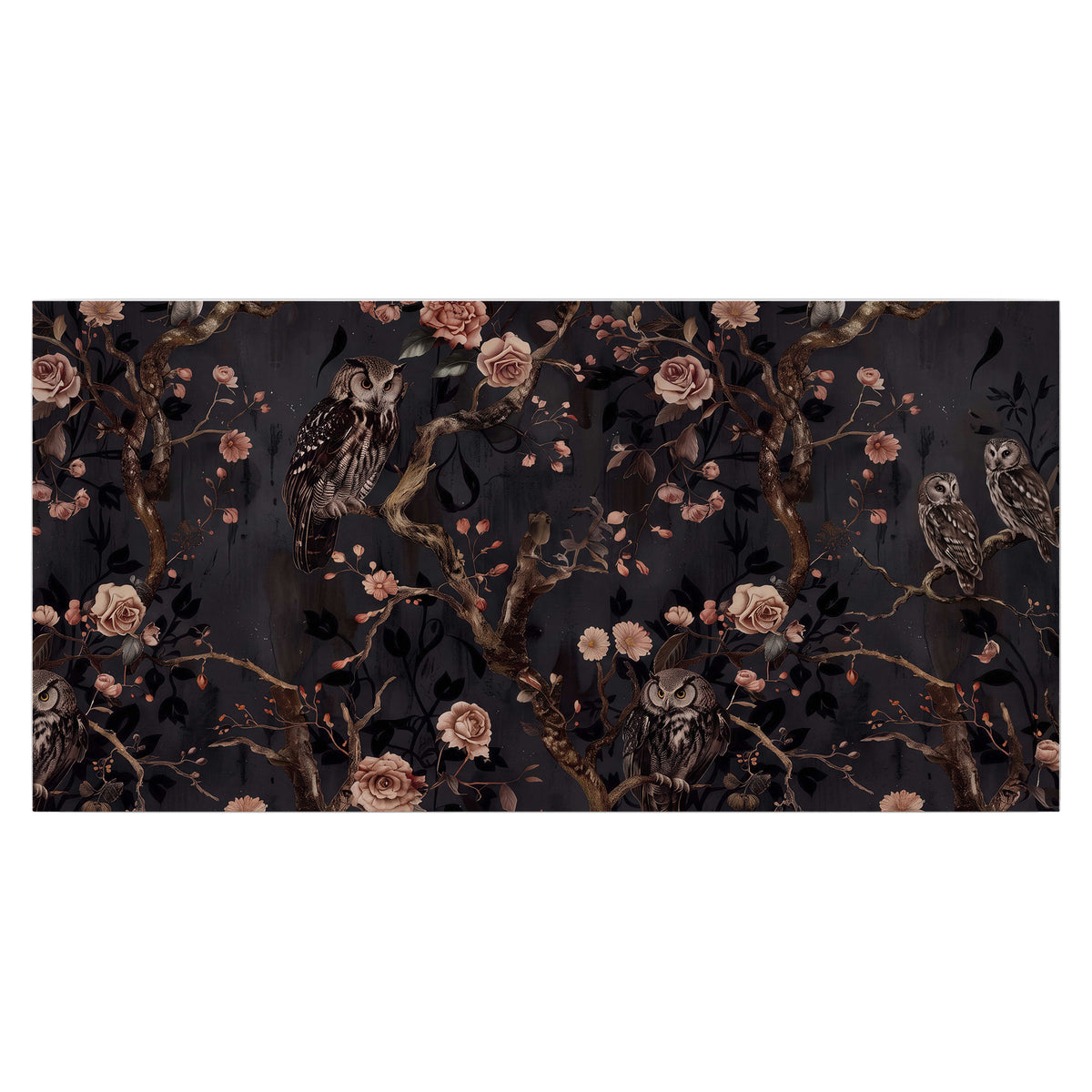 Owls among curling branches and dusty pink flowers on dark gray single poster print viewed straight on