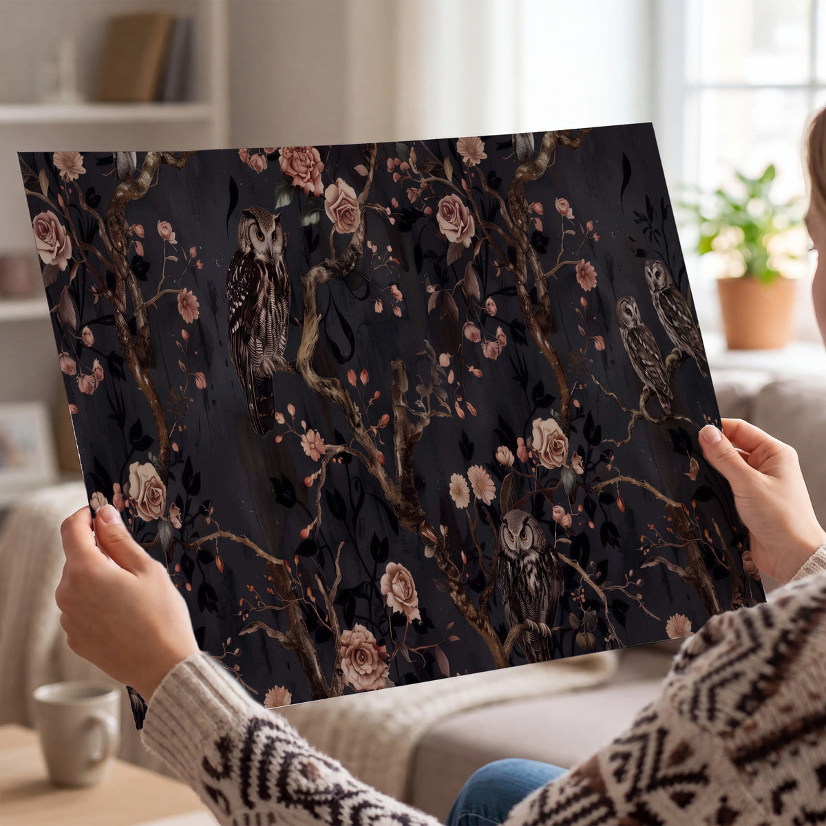 Owls among curling branches and dusty pink flowers on dark gray single poster print held in hands