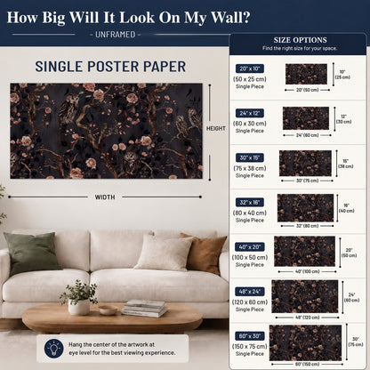 Owls among curling branches and dusty pink flowers on dark gray single poster print size guide above a sofa; room view is illustrative