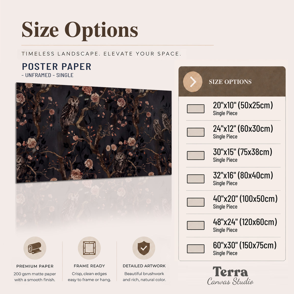 Owls among curling branches and dusty pink flowers on dark gray single poster print available dimensions