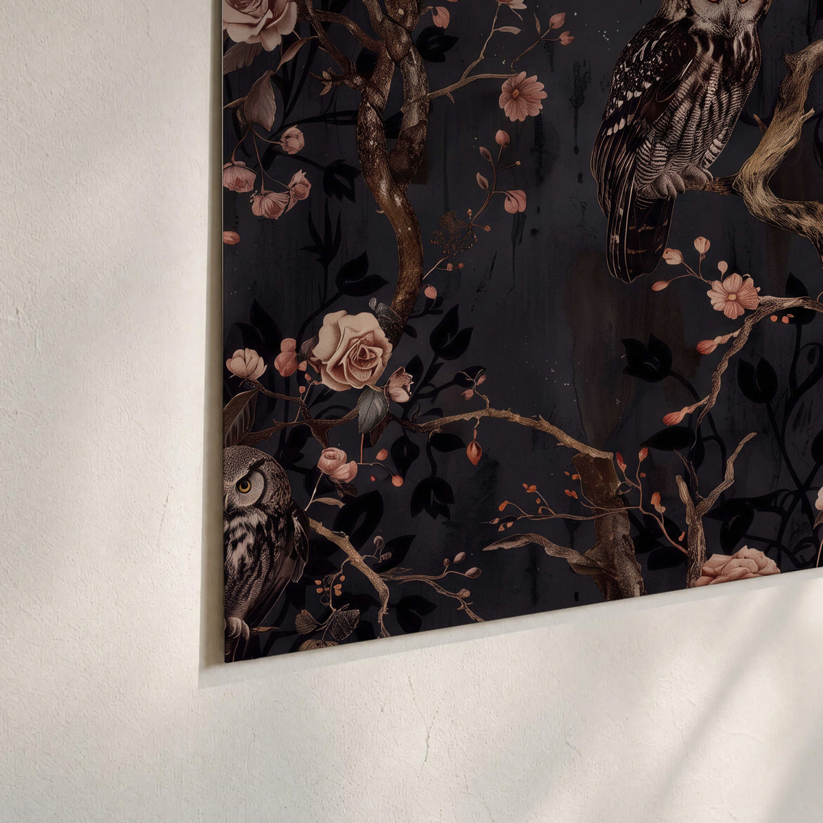 Owls among curling branches and dusty pink flowers on dark gray set of 3 poster prints material and edge close up