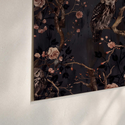 Owls among curling branches and dusty pink flowers on dark gray set of 3 poster prints material and edge close up