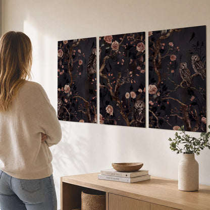 Owls among curling branches and dusty pink flowers on dark gray set of 3 poster prints three panel arrangement on a wall