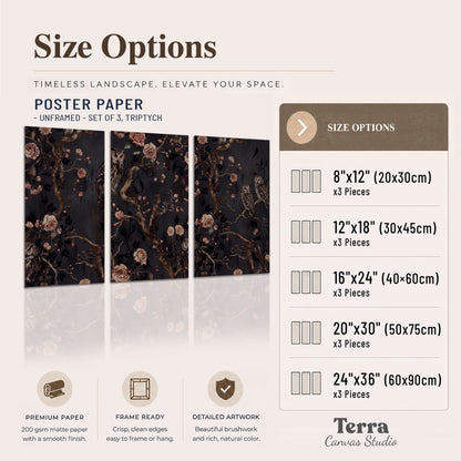 Owls among curling branches and dusty pink flowers on dark gray set of 3 poster prints available dimensions; triptych dimensions are per panel
