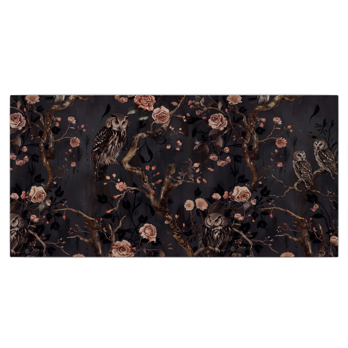 Owls among curling branches and dusty pink flowers on dark gray single canvas wall art viewed straight on