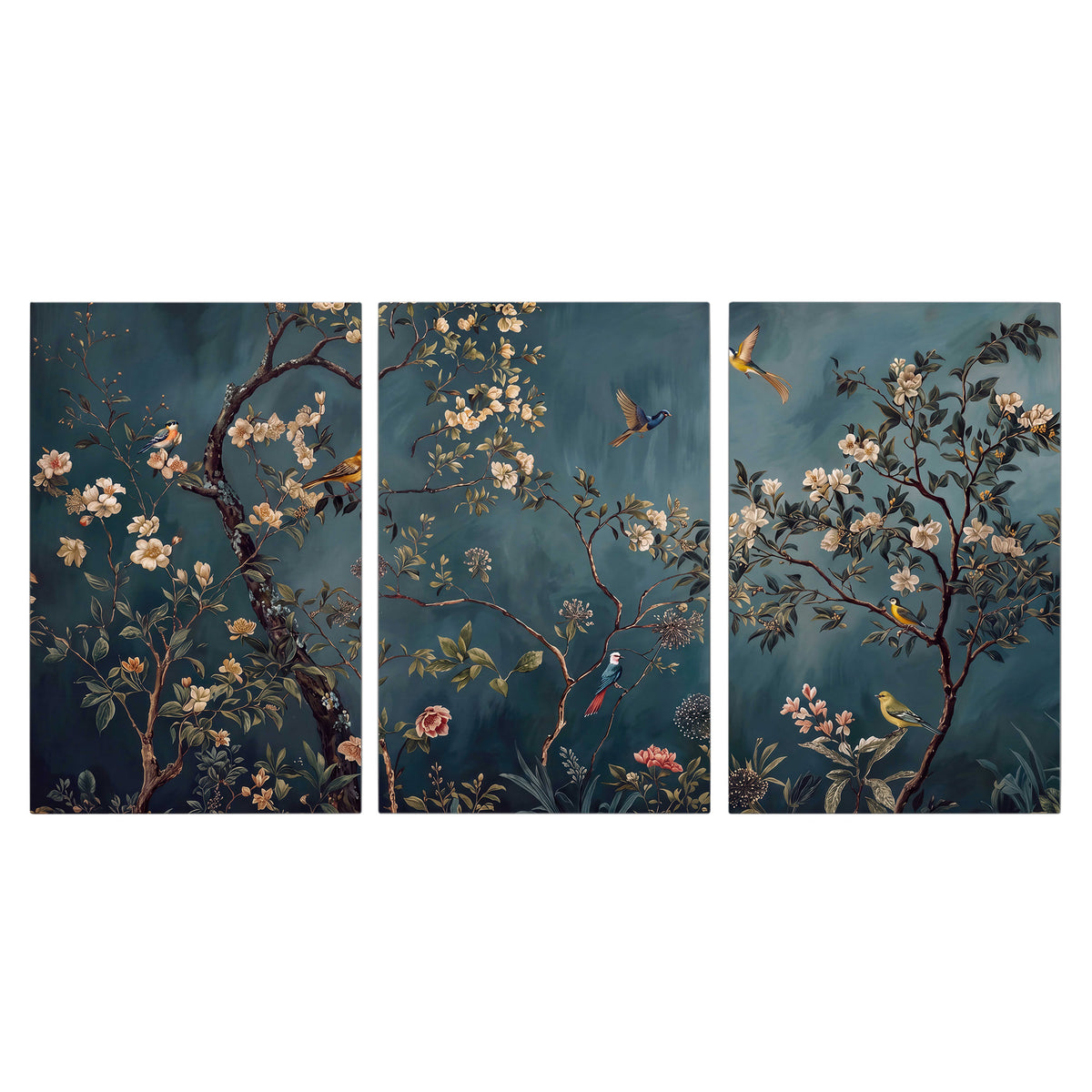 Colorful birds and pale blossoms on branches against teal blue 3 piece canvas wall art viewed straight on