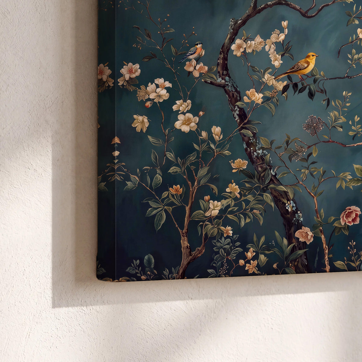 Colorful birds and pale blossoms on branches against teal blue 3 piece canvas wall art material and edge close up