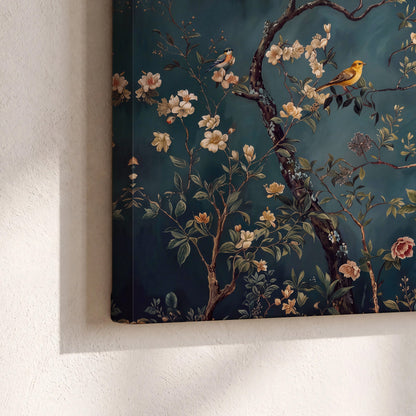 Colorful birds and pale blossoms on branches against teal blue 3 piece canvas wall art material and edge close up