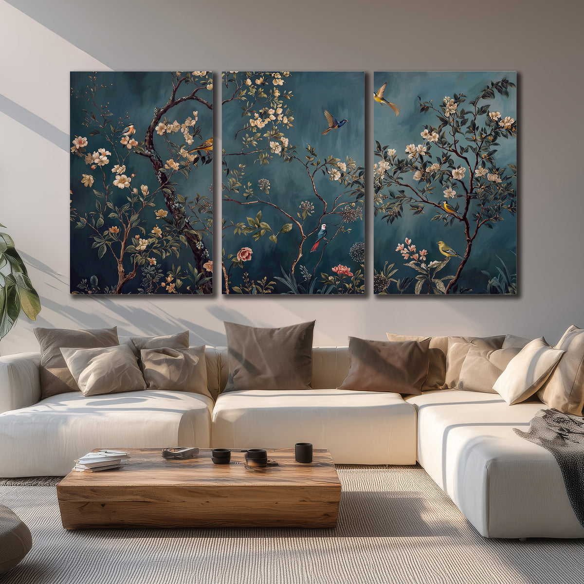 Colorful birds and pale blossoms on branches against teal blue 3 piece canvas wall art displayed in a living room