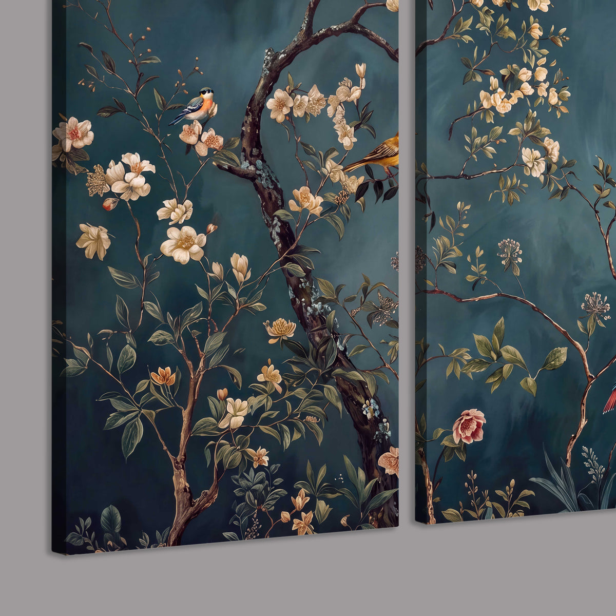 Colorful birds and pale blossoms on branches against teal blue 3 piece canvas wall art room and product view