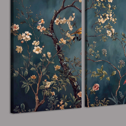 Colorful birds and pale blossoms on branches against teal blue 3 piece canvas wall art room and product view