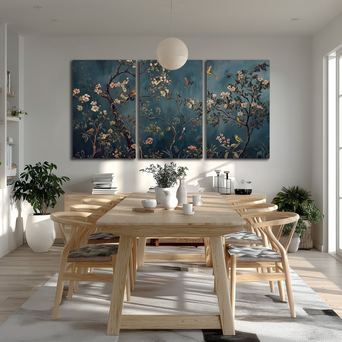 Colorful birds and pale blossoms on branches against teal blue 3 piece canvas wall art room and product view