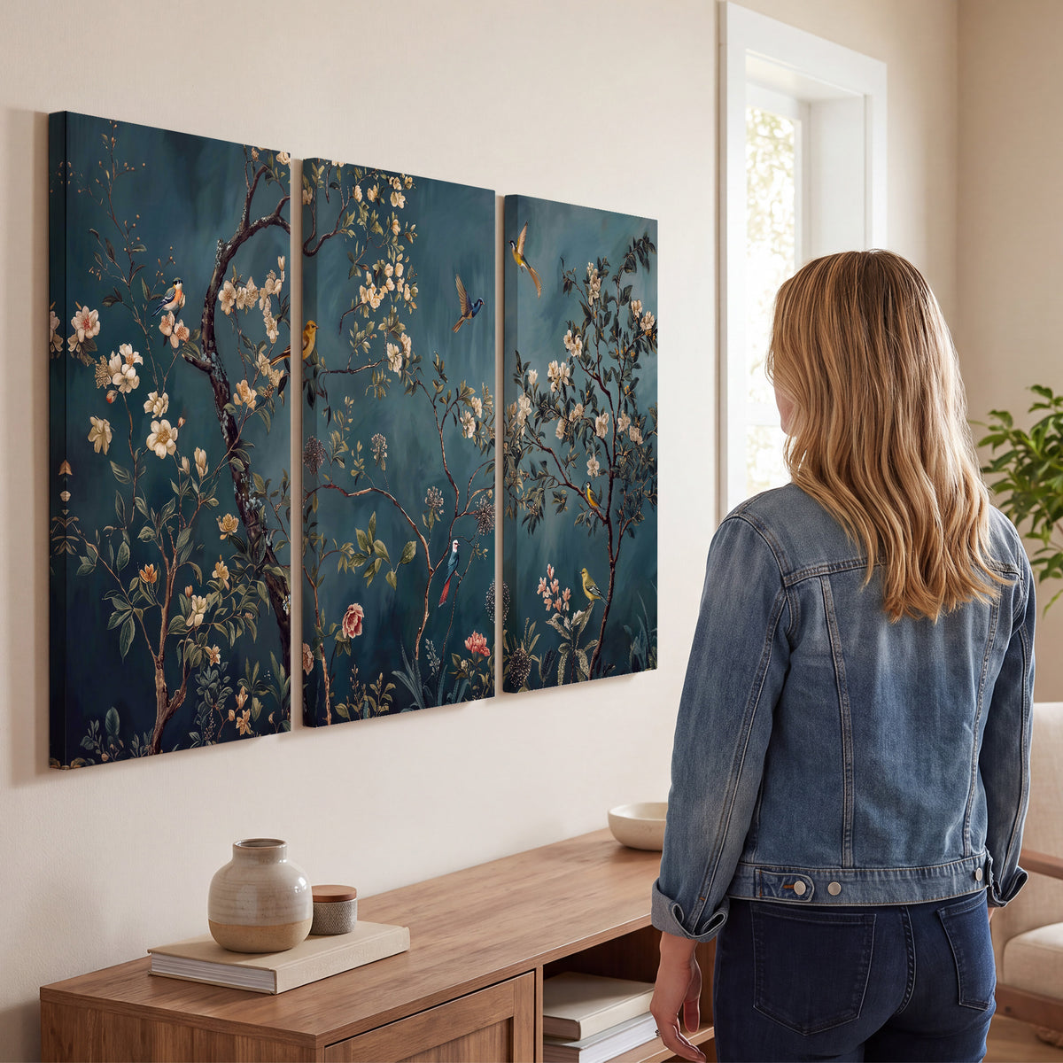Colorful birds and pale blossoms on branches against teal blue 3 piece canvas wall art three panel arrangement on a wall
