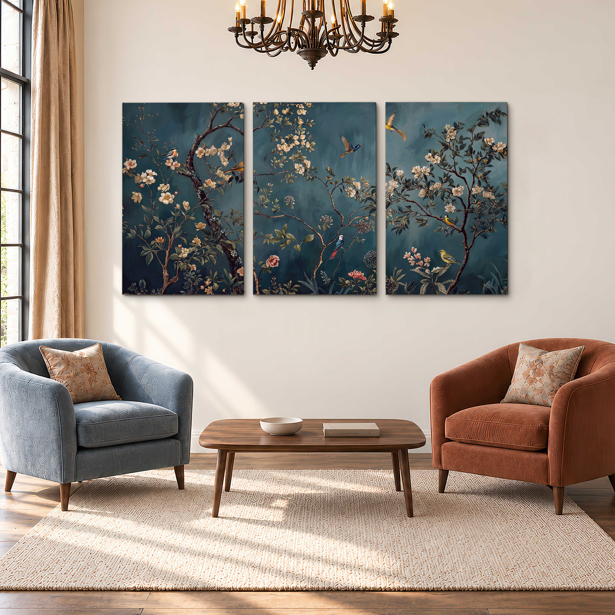 Colorful birds and pale blossoms on branches against teal blue 3 piece canvas wall art styled in an interior