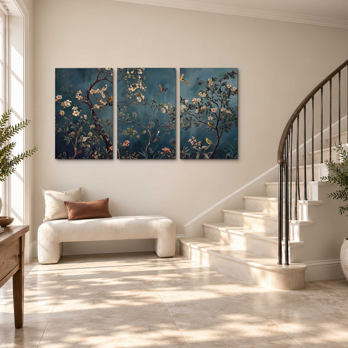 Colorful birds and pale blossoms on branches against teal blue 3 piece canvas wall art styled in an interior