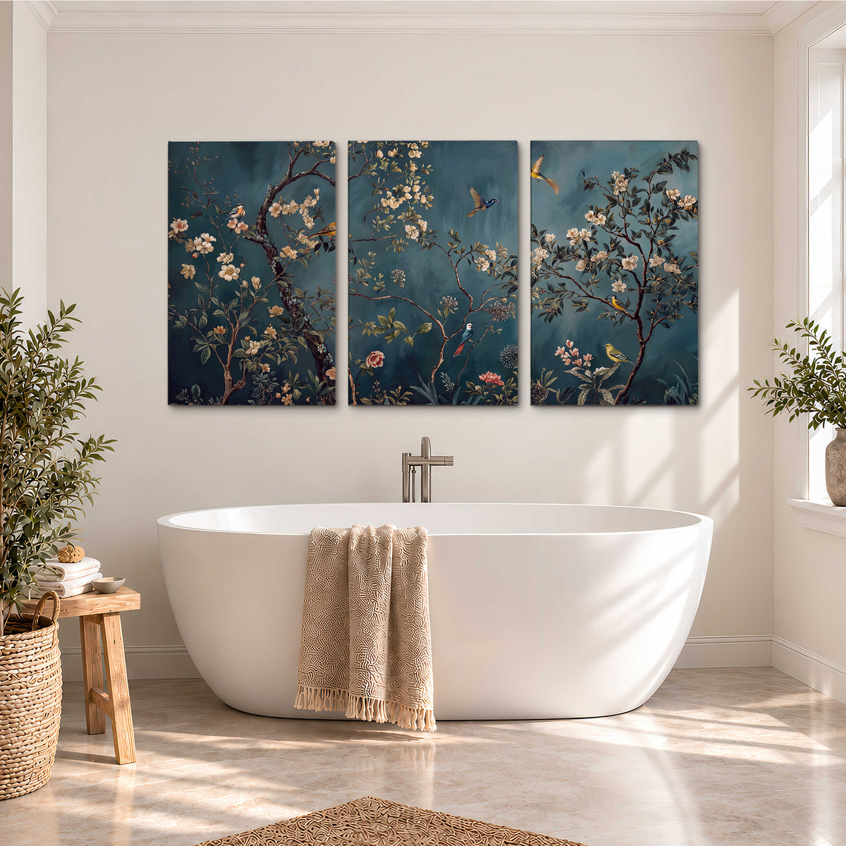 Colorful birds and pale blossoms on branches against teal blue 3 piece canvas wall art styled in an interior