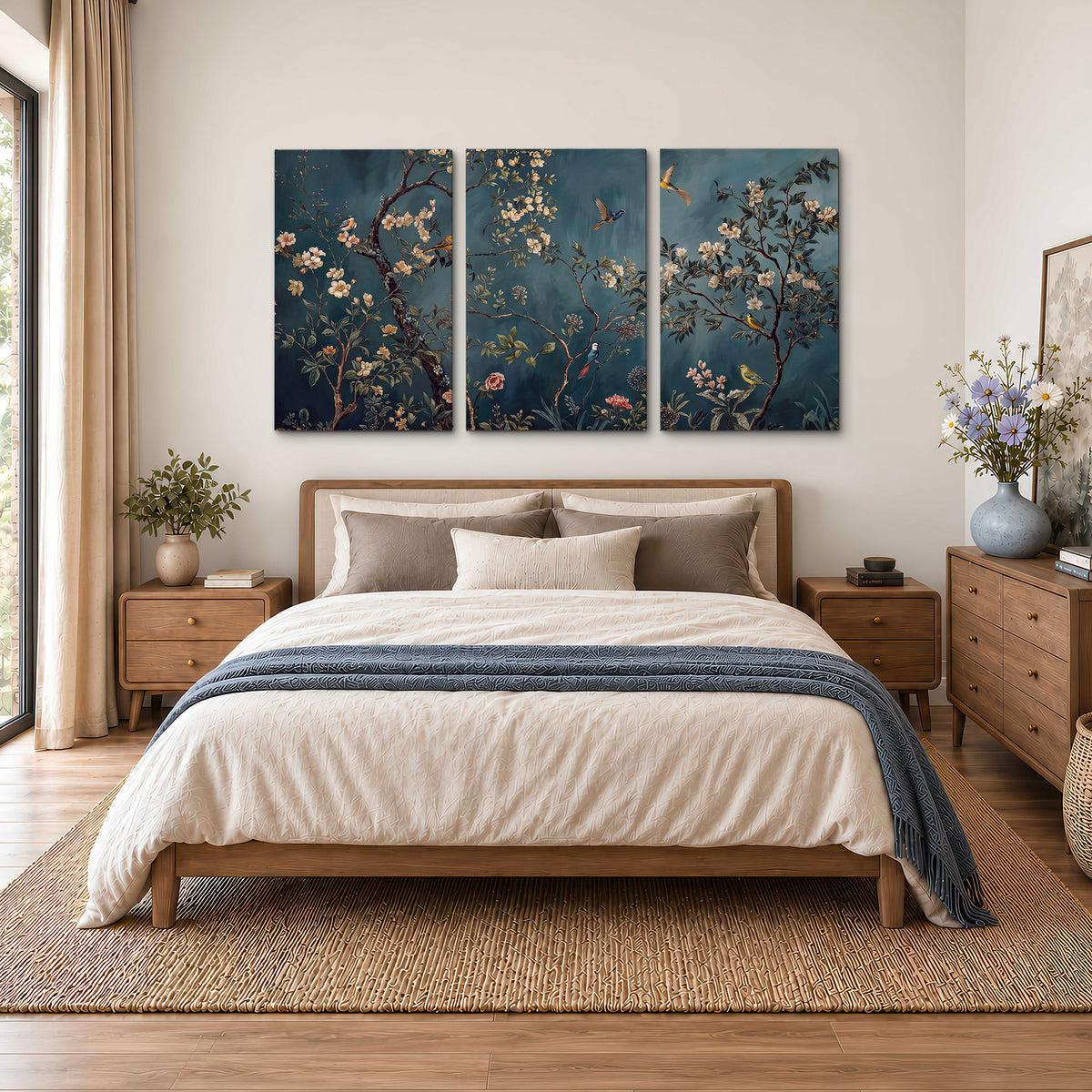 Colorful birds and pale blossoms on branches against teal blue 3 piece canvas wall art styled in an interior