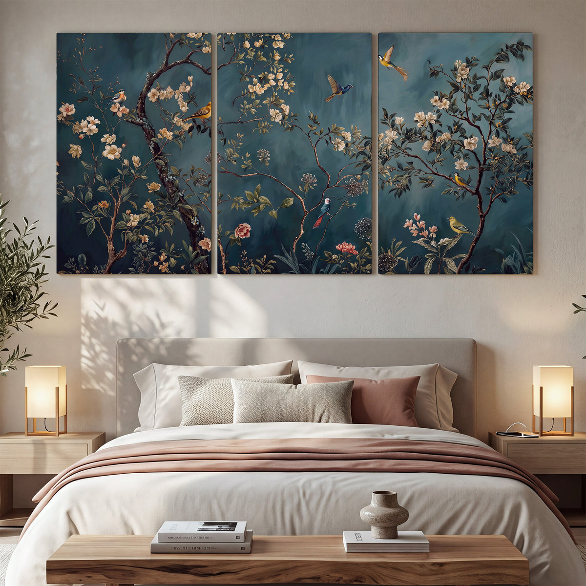 Colorful birds and pale blossoms on branches against teal blue 3 piece canvas wall art displayed in a bedroom