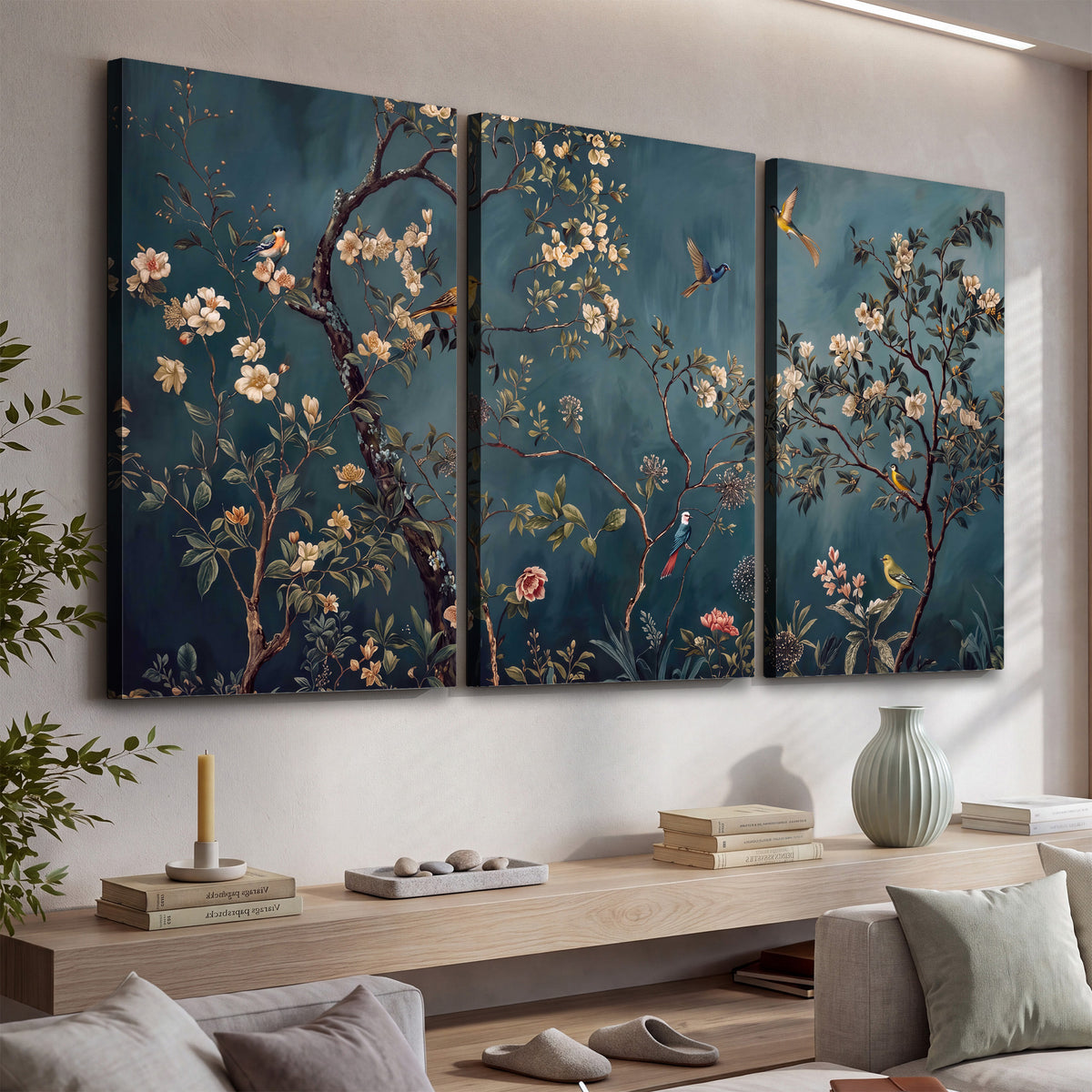 Colorful birds and pale blossoms on branches against teal blue 3 piece canvas wall art displayed in a console