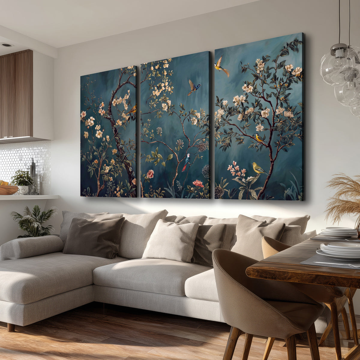 Colorful birds and pale blossoms on branches against teal blue 3 piece canvas wall art room and product view