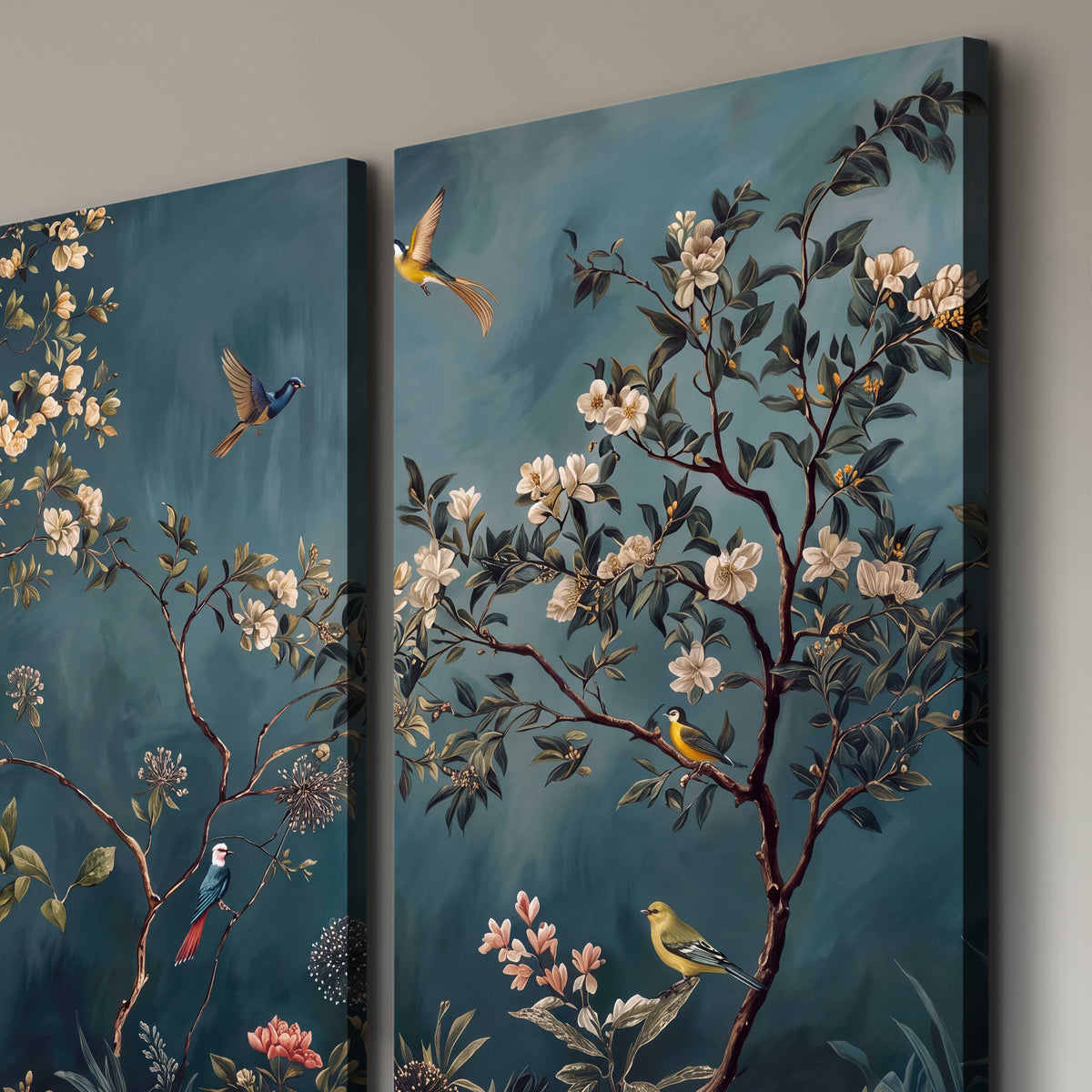 Colorful birds and pale blossoms on branches against teal blue 3 piece canvas wall art room and product view