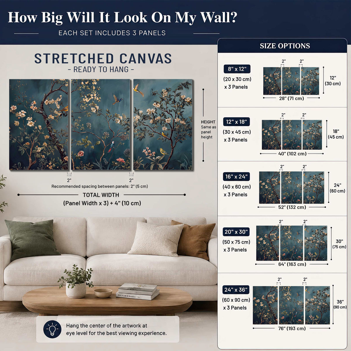 Colorful birds and pale blossoms on branches against teal blue 3 piece canvas wall art size guide above a sofa; room view is illustrative