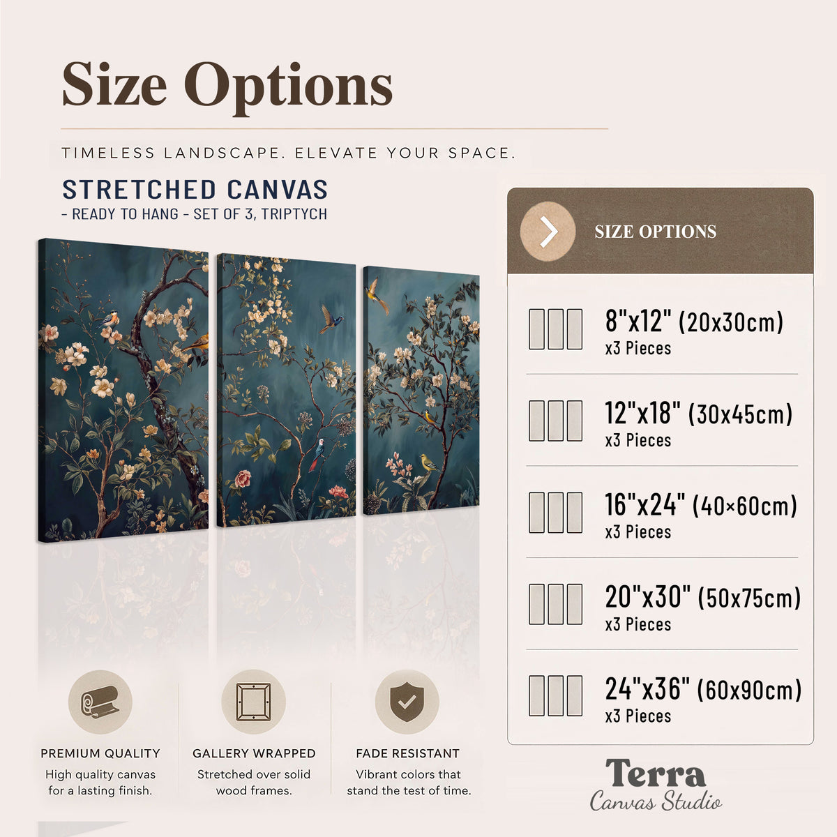 Colorful birds and pale blossoms on branches against teal blue 3 piece canvas wall art available dimensions; triptych dimensions are per panel
