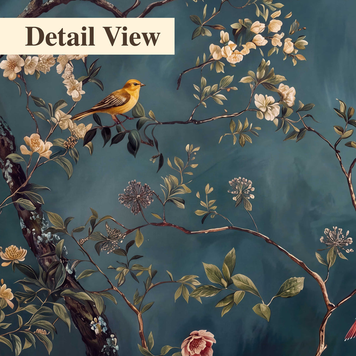 Colorful birds and pale blossoms on branches against teal blue 3 piece canvas wall art artwork detail close up