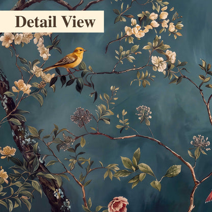 Colorful birds and pale blossoms on branches against teal blue 3 piece canvas wall art artwork detail close up