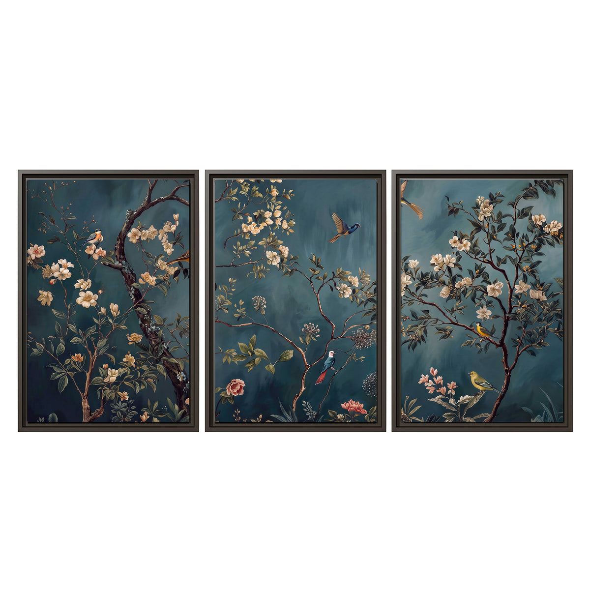 Colorful birds and pale blossoms on branches against teal blue 3 piece framed canvas wall art viewed straight on