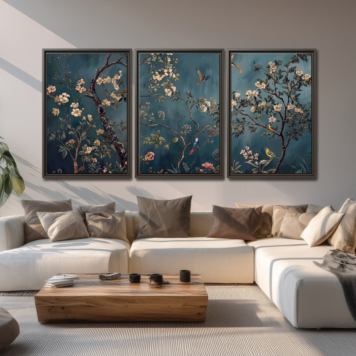 Colorful birds and pale blossoms on branches against teal blue 3 piece framed canvas wall art displayed in a living room